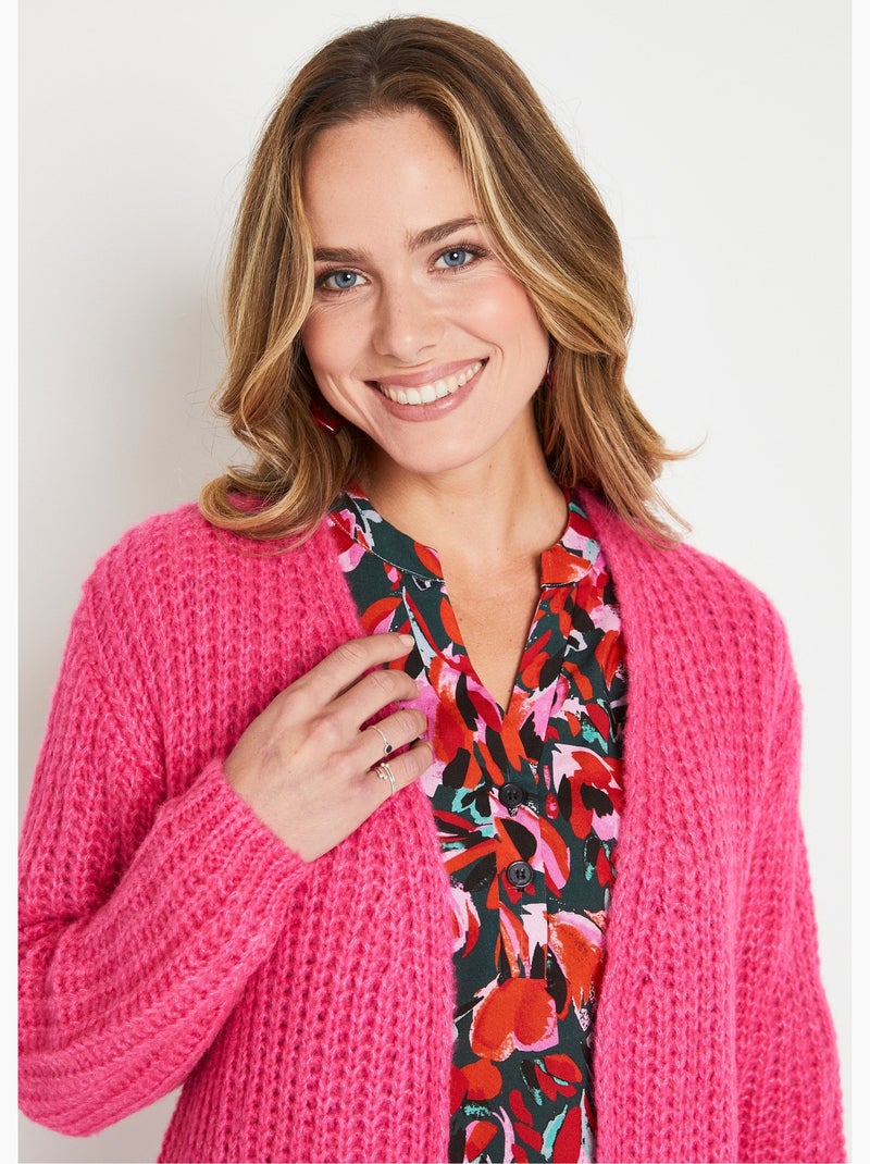 Gilet long uni bord à bord grosse maille Rose fushia - Kiabi