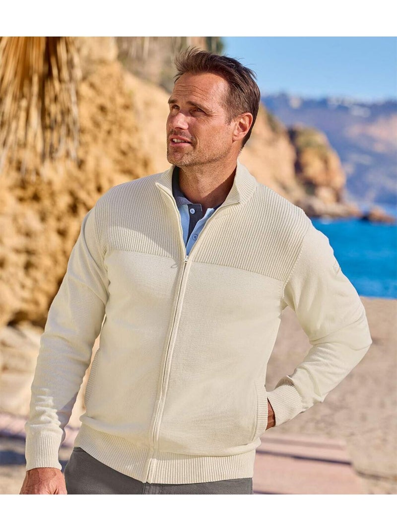 Gilet Maille Coton Zippé   - ATLAS FOR MEN Beige - Kiabi