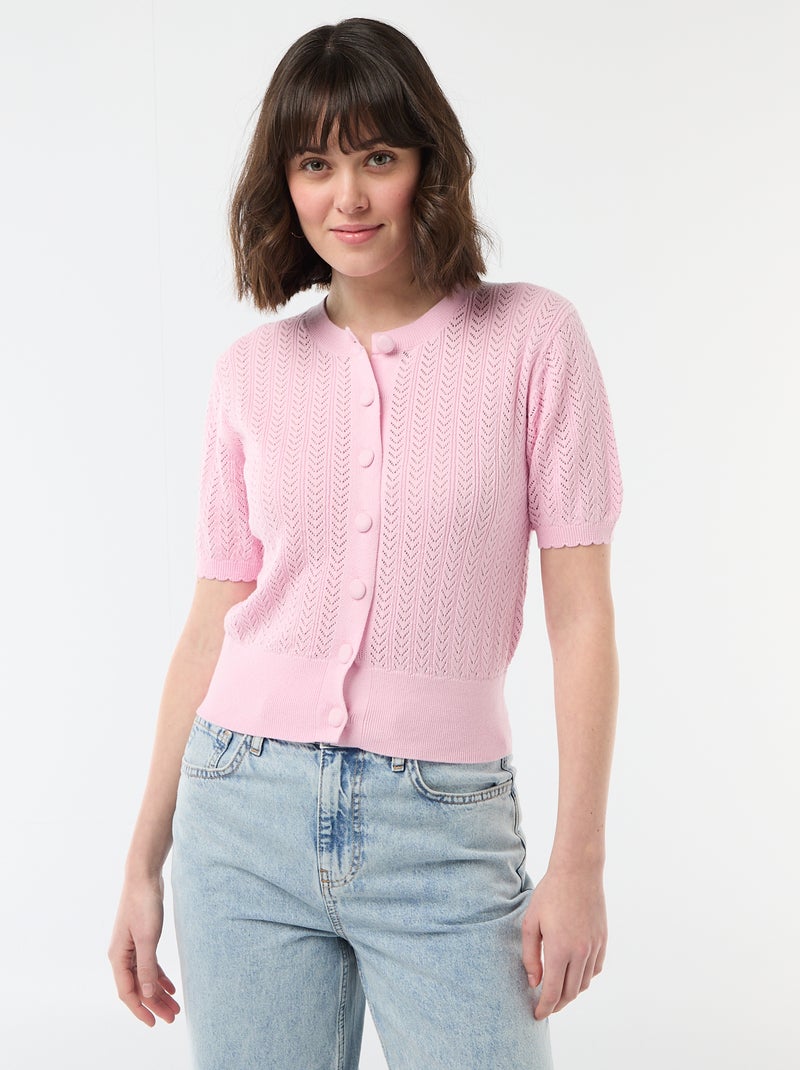Gilet manches courtes en maille ajourée Rose - Kiabi