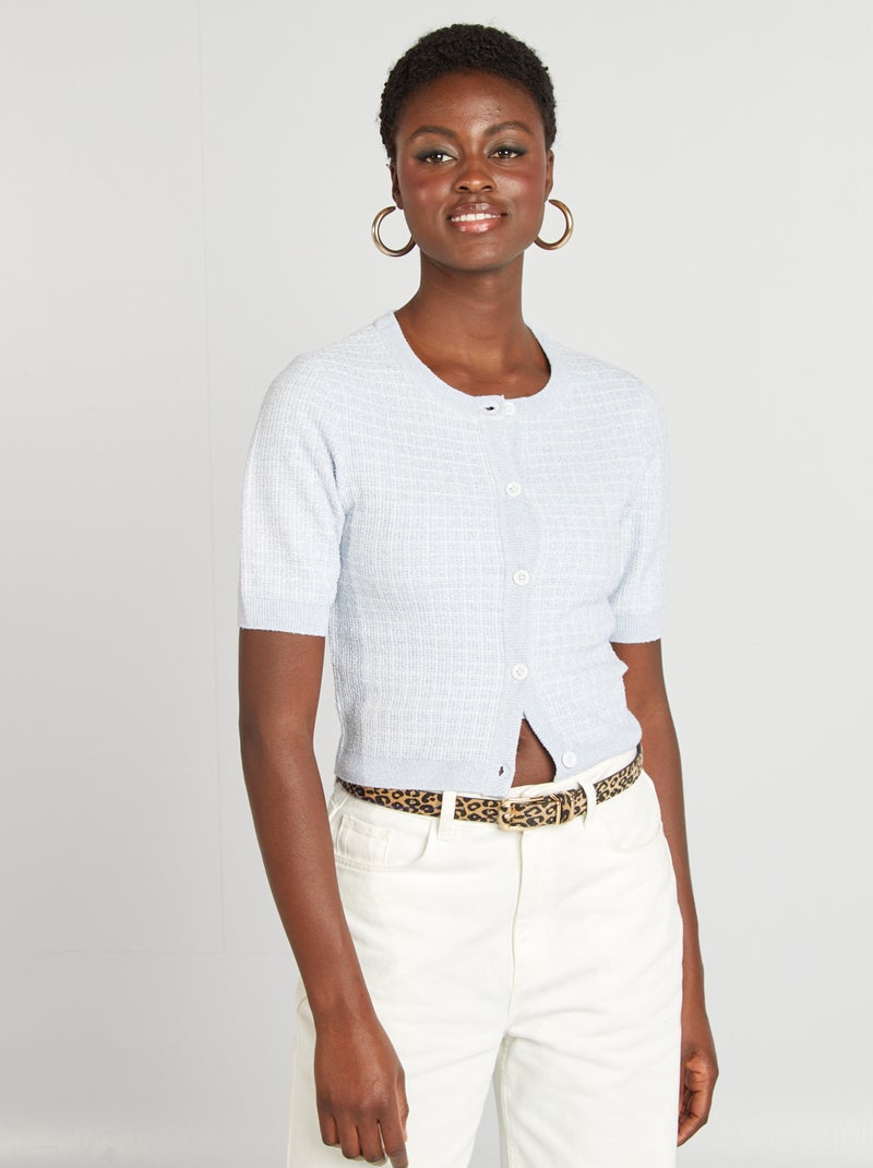 Gilet manches courtes maille carreaux Bleu - Kiabi