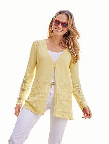 Gilet mi-long 1 bouton maille fantaisie