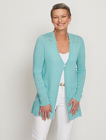 Gilet mi-long 1 bouton maille fantaisie