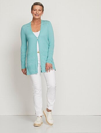 Gilet mi-long 1 bouton maille fantaisie