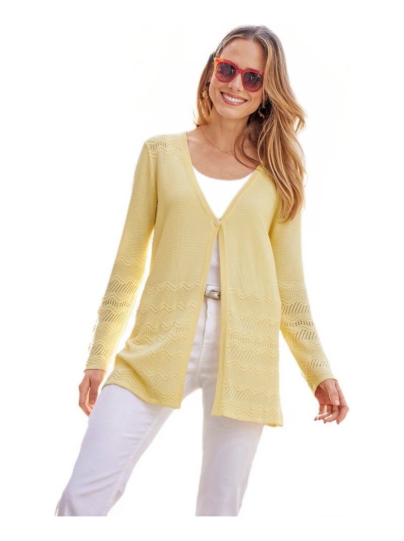 Gilet mi-long 1 bouton maille fantaisie Jaune - Kiabi