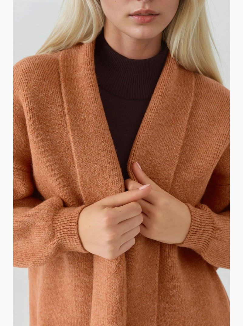 Gilet mi-long en maille côtelée texturée avec col châle my fashion Marron noisette - Kiabi
