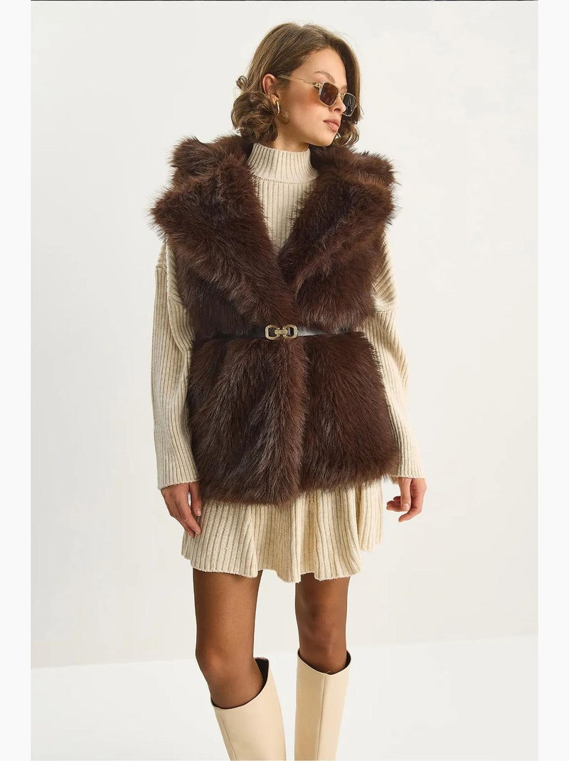 Gilet mi-long en similicuir avec fermeture à nouer lucci Marron foncé - Kiabi