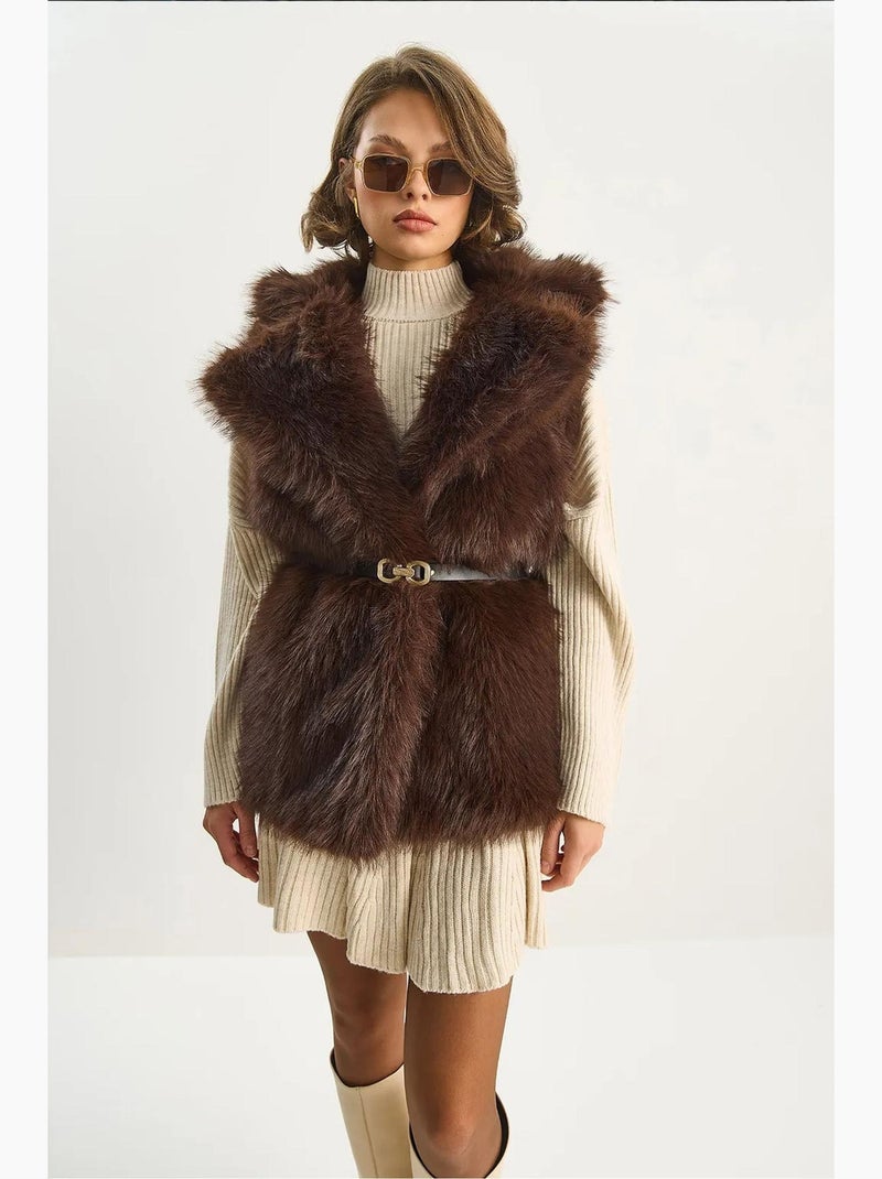 Gilet mi-long en similicuir avec fermeture à nouer lucci Marron foncé - Kiabi