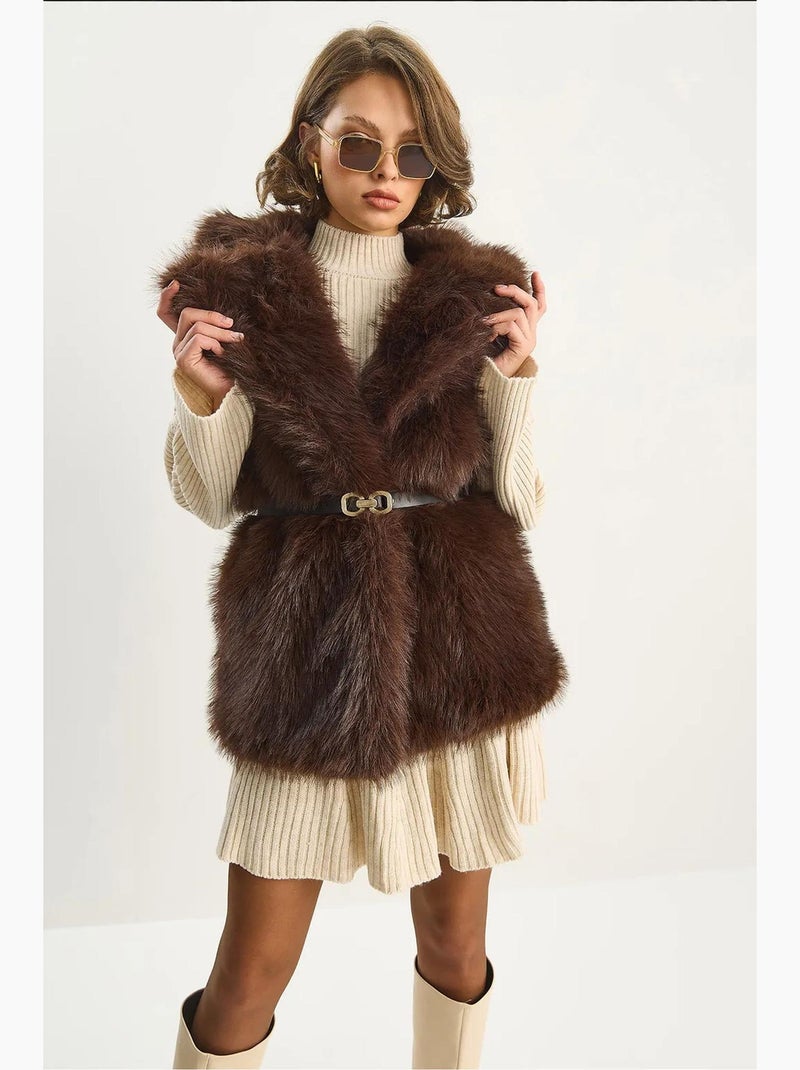 Gilet mi-long en similicuir avec fermeture à nouer lucci Marron foncé - Kiabi