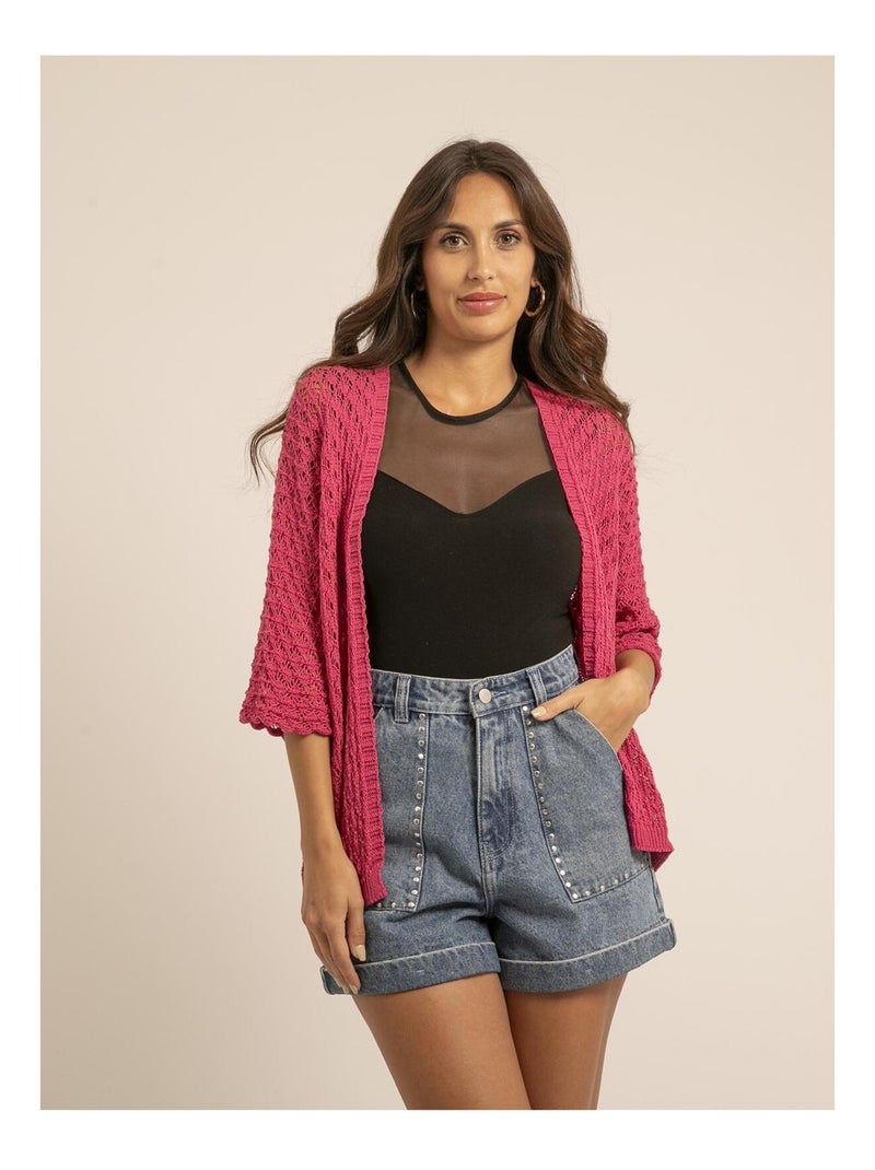 Gilet mi-long ouvert KANONA Rose fushia - Kiabi