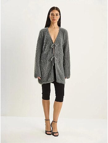 Gilet mi-long texturé à col en v et fermeture à nouer lucci