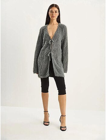 Gilet mi-long texturé à col en v et fermeture à nouer lucci