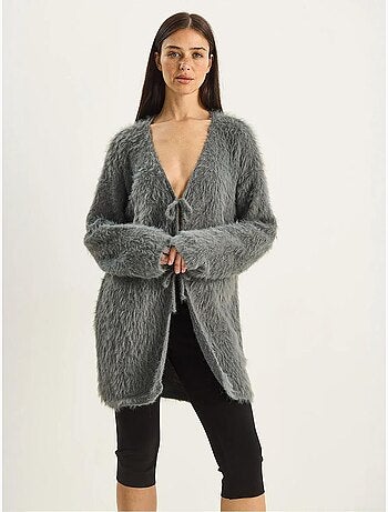 Gilet mi-long texturé à col en v et fermeture à nouer lucci