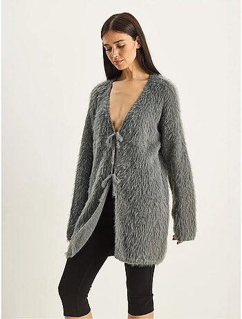 Gilet mi-long texturé à col en v et fermeture à nouer lucci