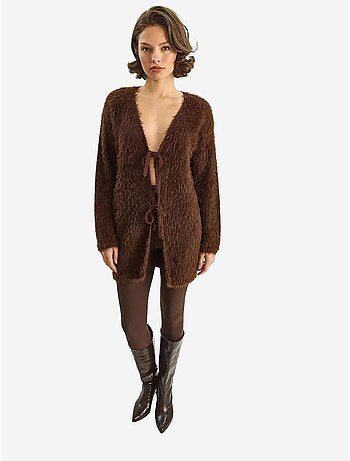 Gilet mi-long texturé à col en v et fermeture à nouer lucci