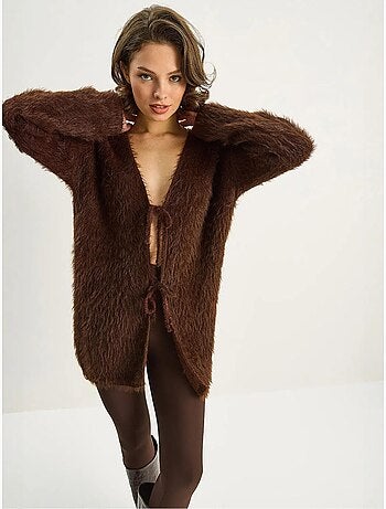 Gilet mi-long texturé à col en v et fermeture à nouer lucci