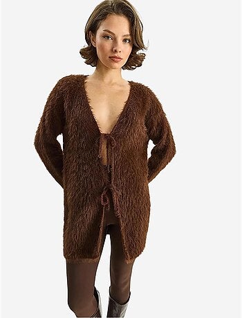 Gilet mi-long texturé à col en v et fermeture à nouer lucci