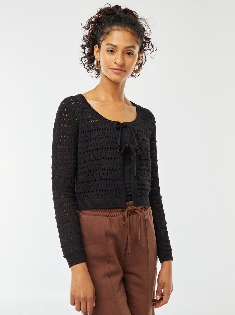 Gilet noué en maille crochet noir - Kiabi