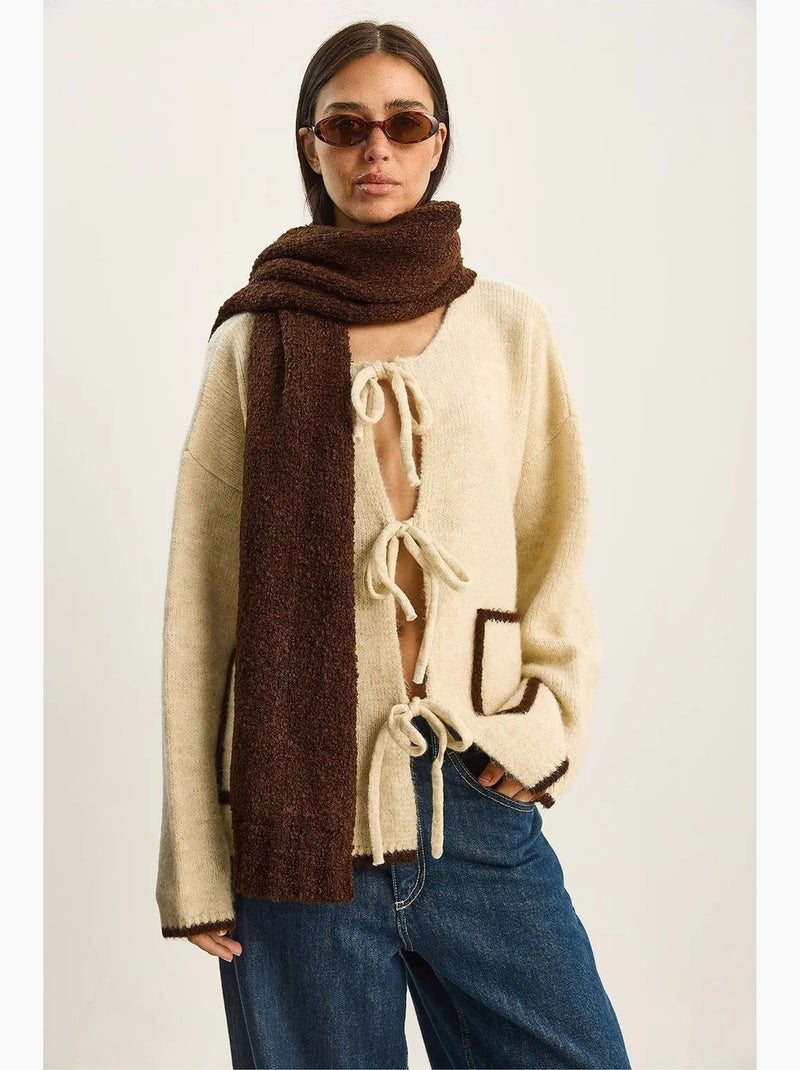 Gilet oversize en maille côtelée avec fermeture à nouer lucci Beige argile - Kiabi