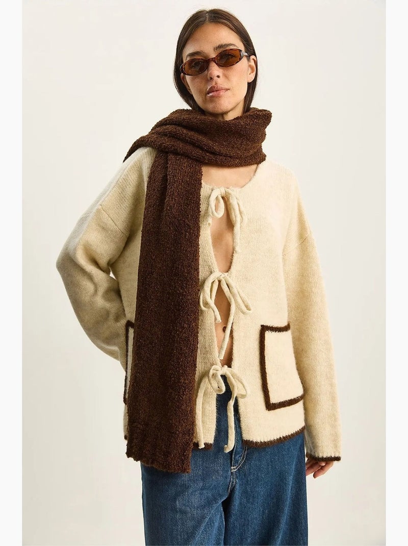 Gilet oversize en maille côtelée avec fermeture à nouer lucci Beige argile - Kiabi