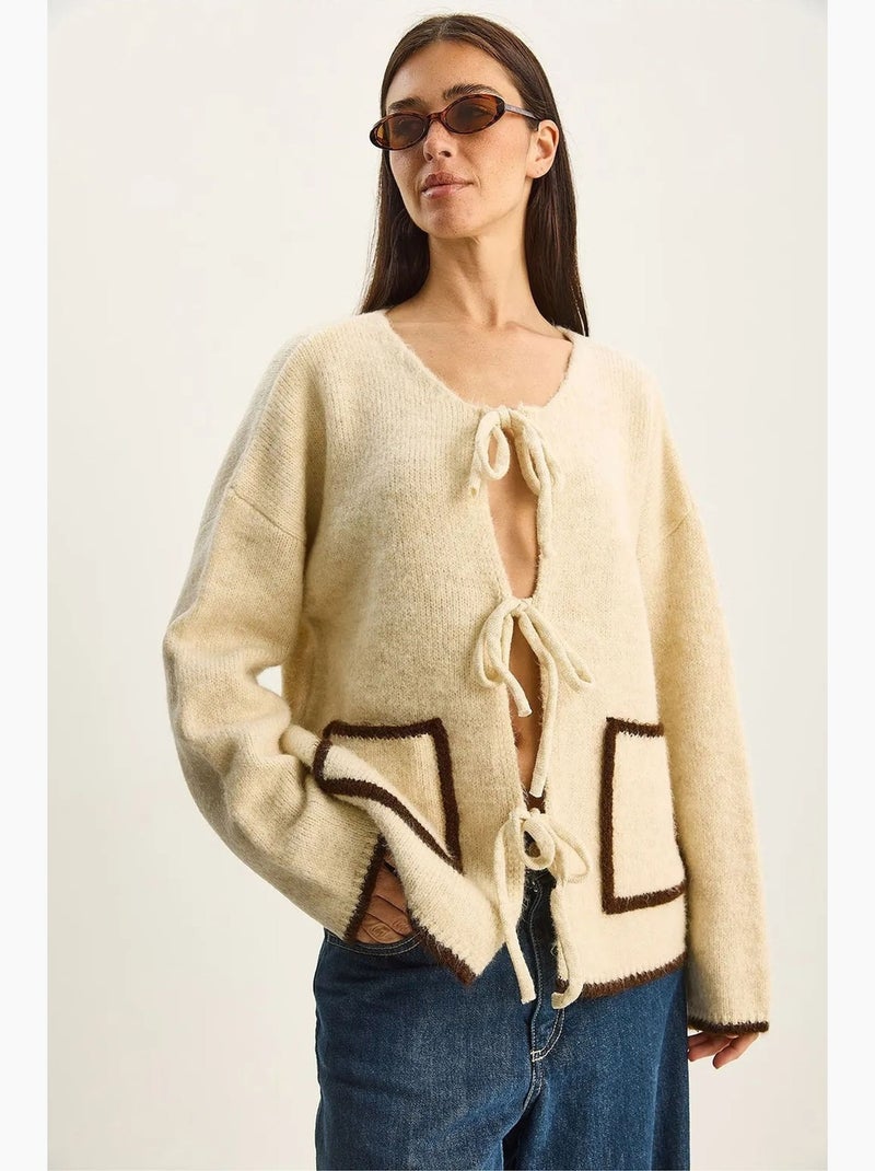 Gilet oversize en maille côtelée avec fermeture à nouer lucci Beige argile - Kiabi