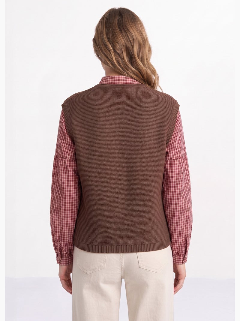 Gilet point mousse col rond sans manches - afibel Marron chocolat - Kiabi