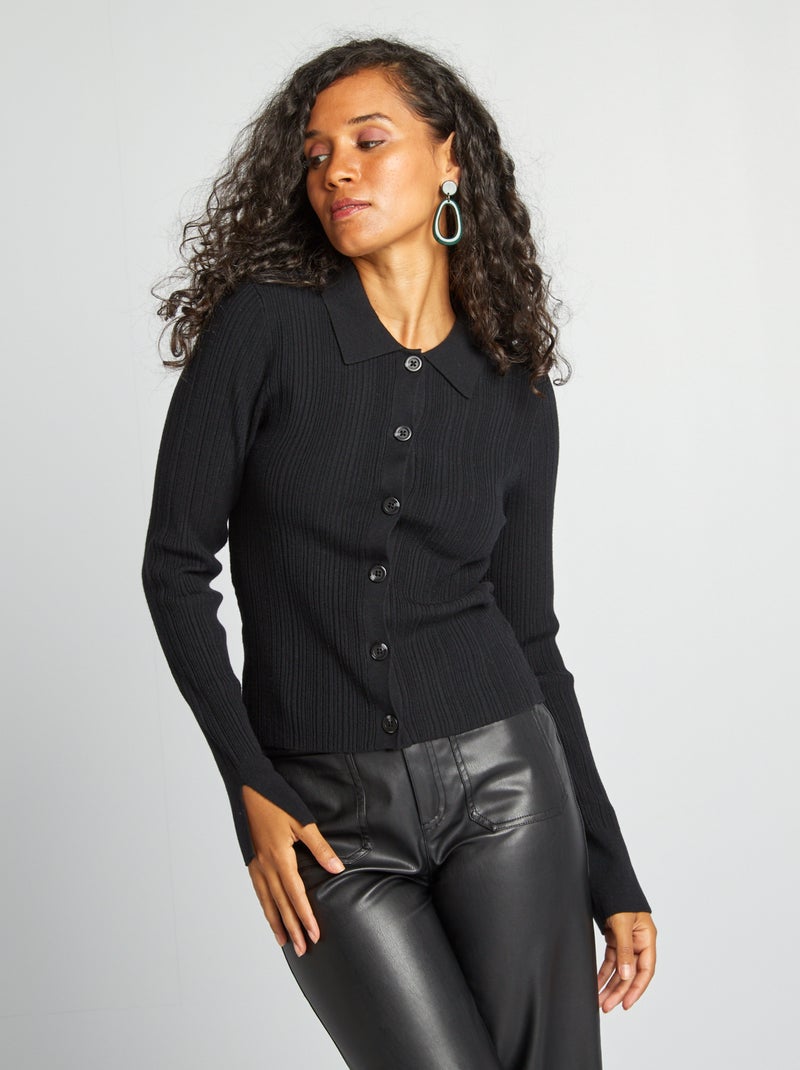 Gilet polo en maille côtelée noir - Kiabi