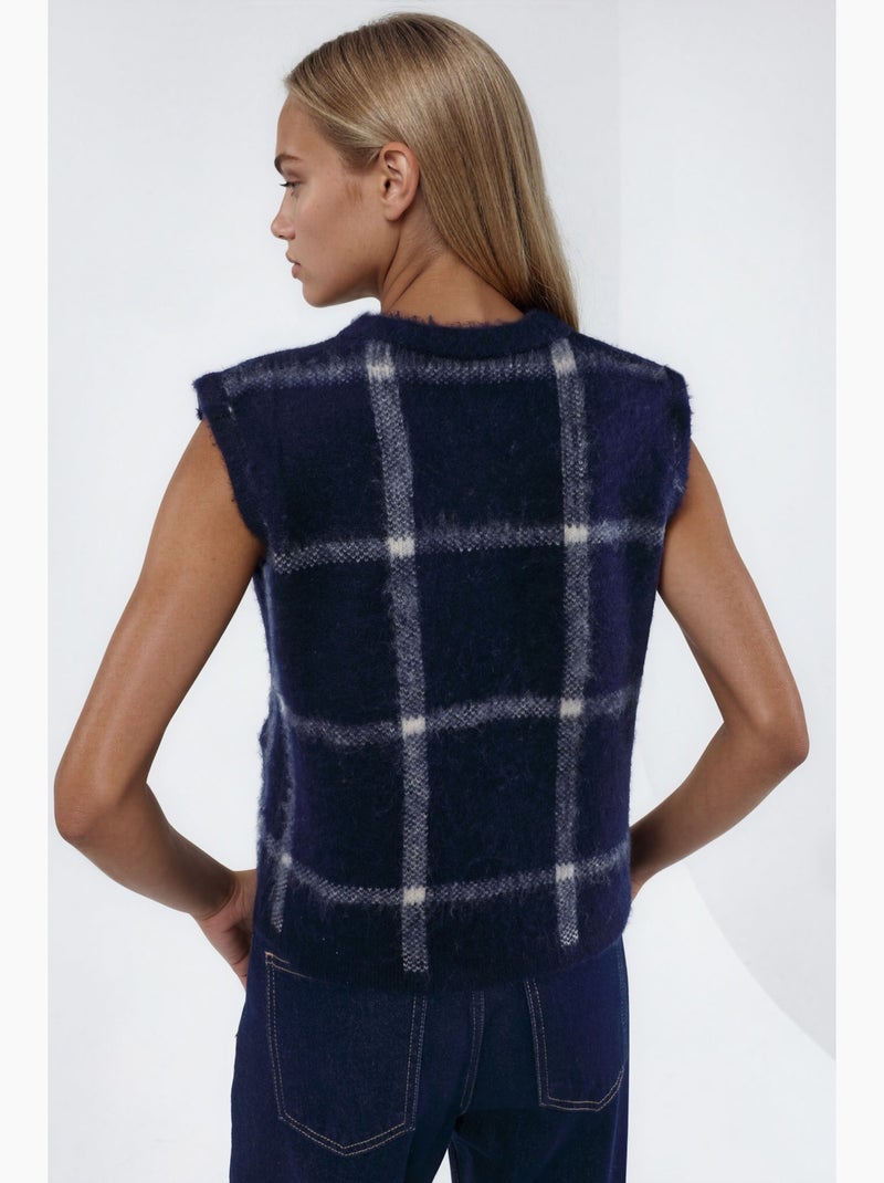 Gilet sans manches à carreaux, col rond et boutons hiccup Bleu marine - Kiabi