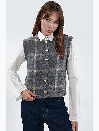 Gilet sans manches à carreaux, col rond et boutons hiccup