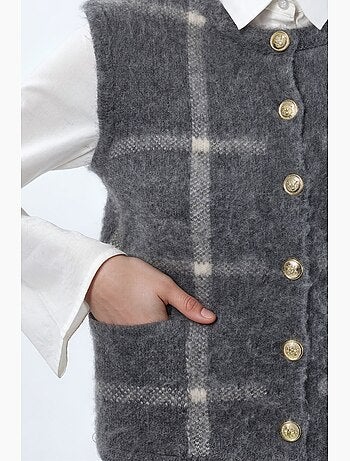 Gilet sans manches à carreaux, col rond et boutons hiccup