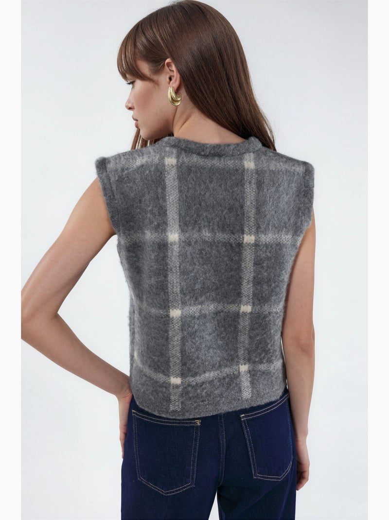 Gilet sans manches à carreaux, col rond et boutons hiccup Gris Noir - Kiabi