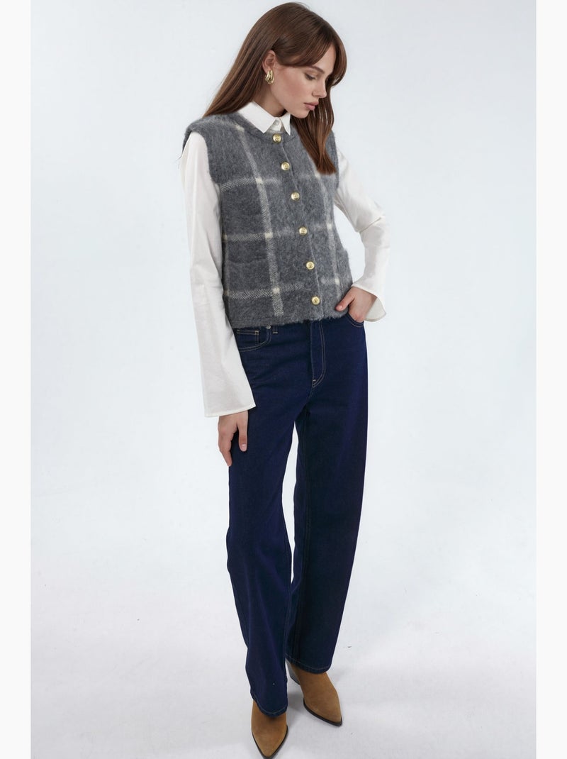 Gilet sans manches à carreaux, col rond et boutons hiccup Gris Noir - Kiabi