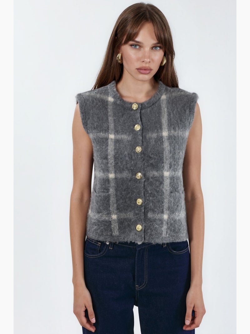 Gilet sans manches à carreaux, col rond et boutons hiccup Gris Noir - Kiabi