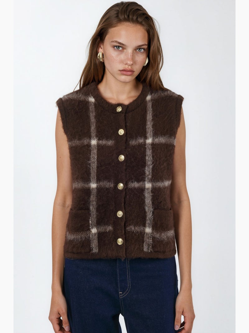 Gilet sans manches à carreaux, col rond et boutons hiccup Marron foncé - Kiabi