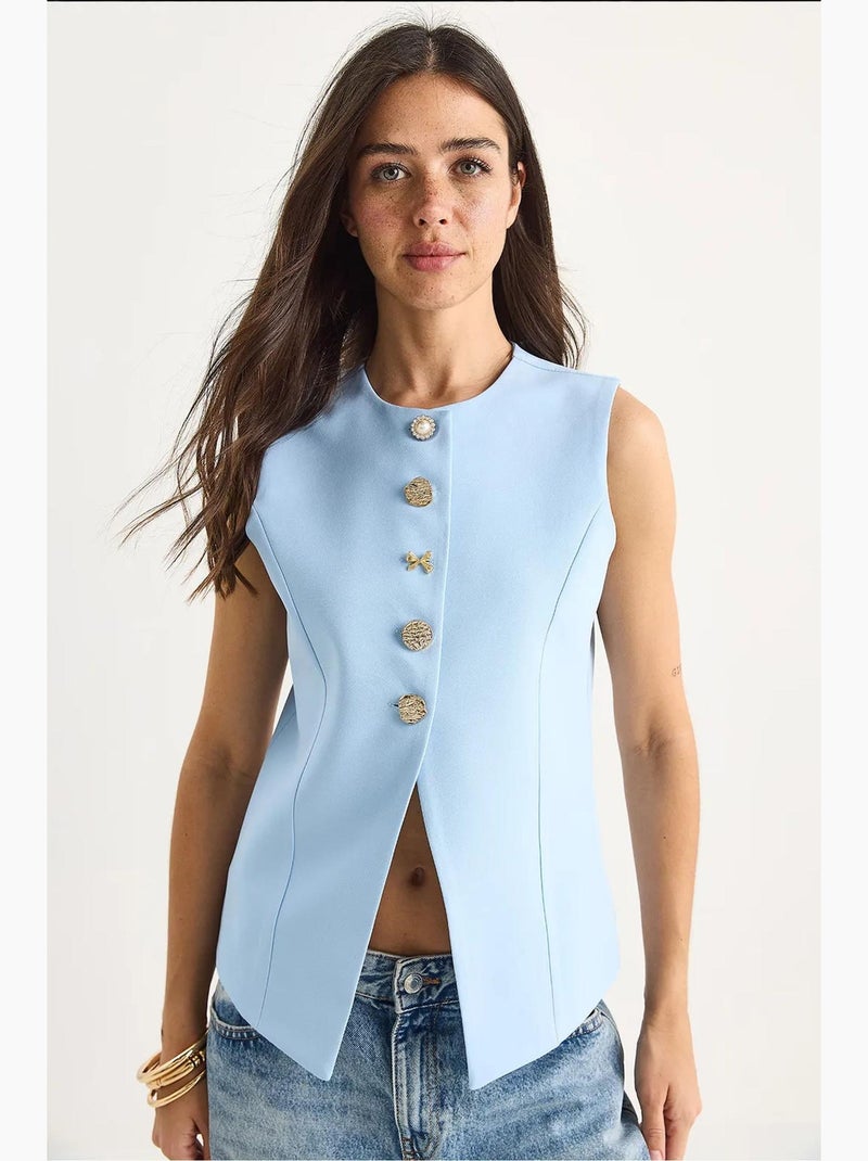 Gilet sans manches ajusté à boutons et col rond lucci Bleu ciel - Kiabi