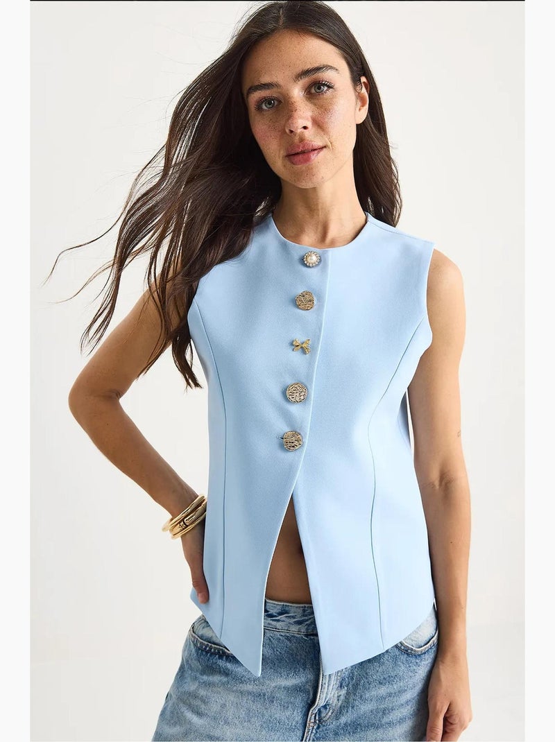 Gilet sans manches ajusté à boutons et col rond lucci Bleu ciel - Kiabi
