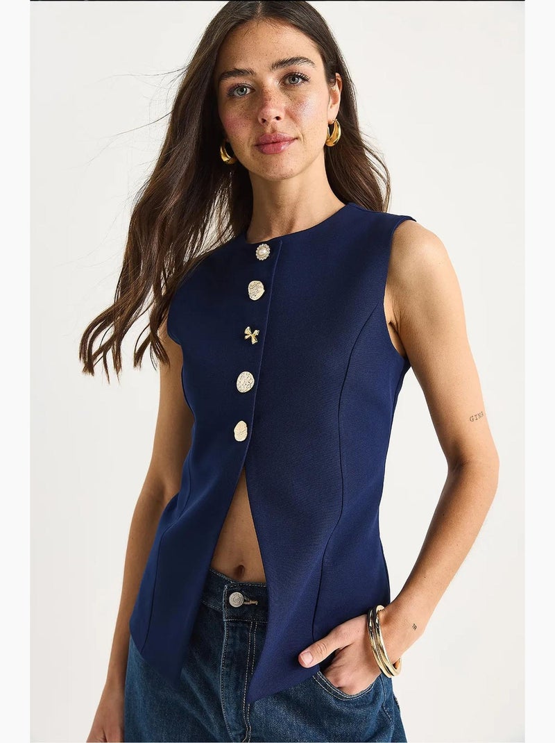 Gilet sans manches ajusté à boutons et col rond lucci Bleu marine - Kiabi