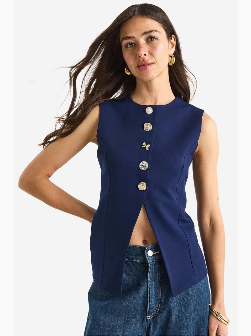 Gilet sans manches ajusté à boutons et col rond lucci Bleu marine - Kiabi