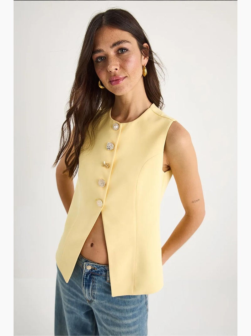 Gilet sans manches ajusté à boutons et col rond lucci Jaune citron - Kiabi