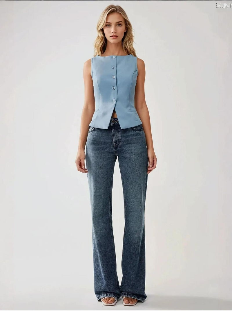 Gilet sans manches ajusté à col ras du cou avec détails boutonnés Bleu ciel - Kiabi