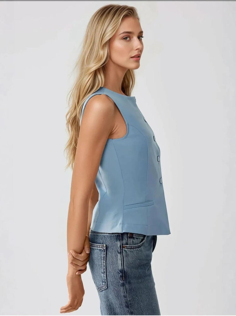 Gilet sans manches ajusté à col ras du cou avec détails boutonnés Bleu ciel - Kiabi