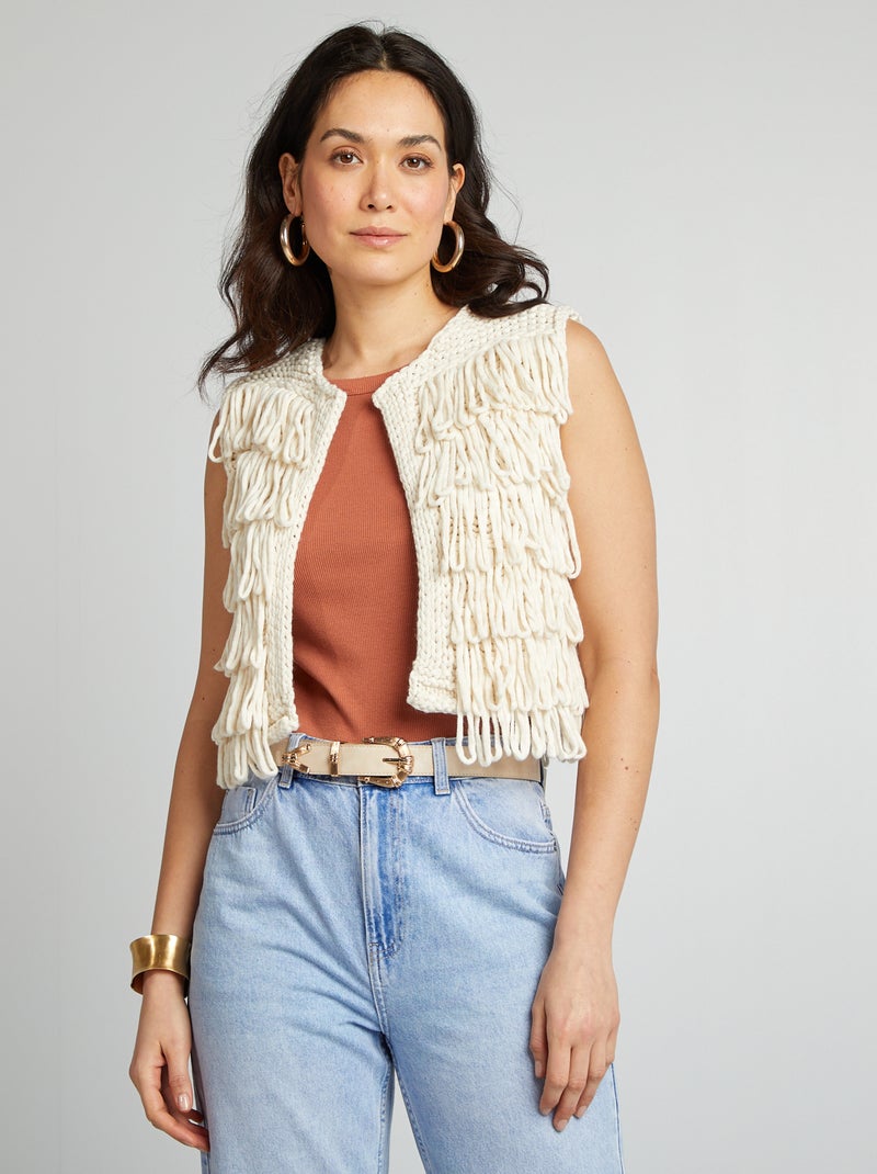 Gilet sans manches avec franges Beige - Kiabi