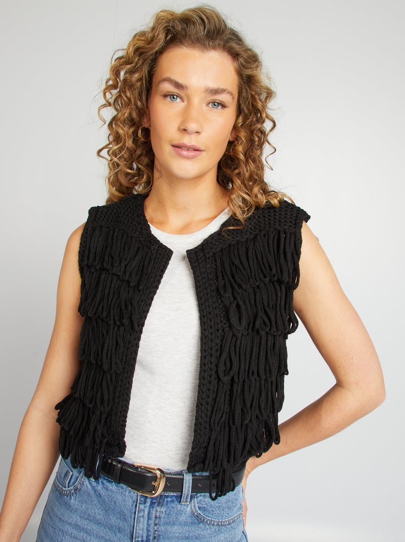 Gilet sans manches avec franges noir - Kiabi