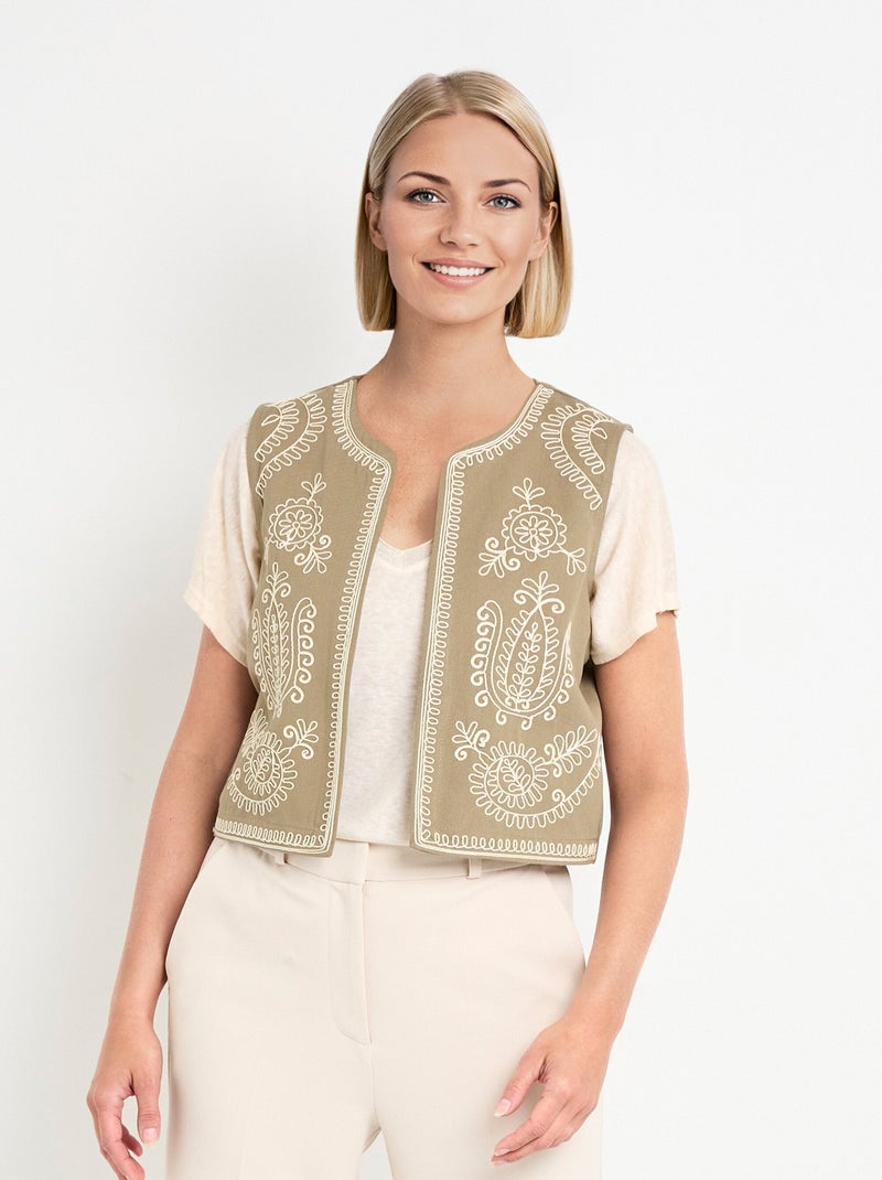 Gilet sans manches brodé style scandinave Kaki - Kiabi
