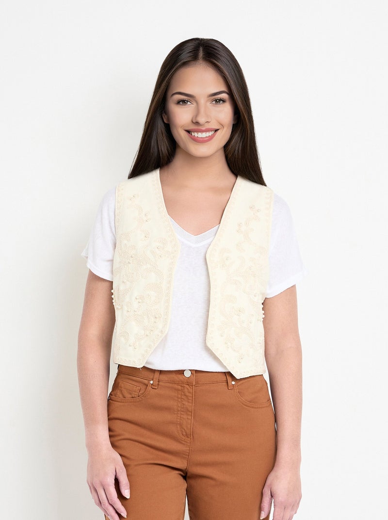 Gilet sans manches broderies et perles Ecru - Kiabi