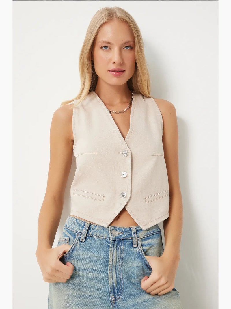 Gilet sans manches court à col v en denim istanbul Beige argile - Kiabi
