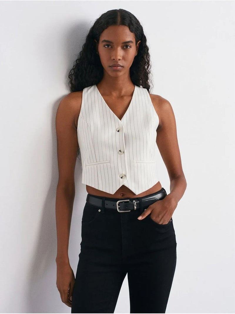 Gilet Sans Manches Court À Rayures Femme Blanc cassé - Kiabi