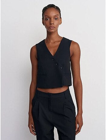 Gilet Sans Manches Court Tissé À Boutons