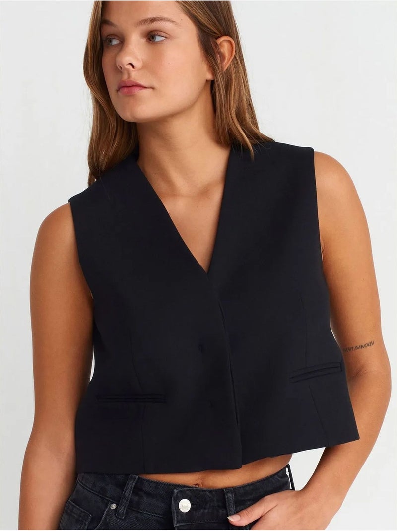 Gilet Sans Manches Court Tissé Pour Femme Noir - Kiabi