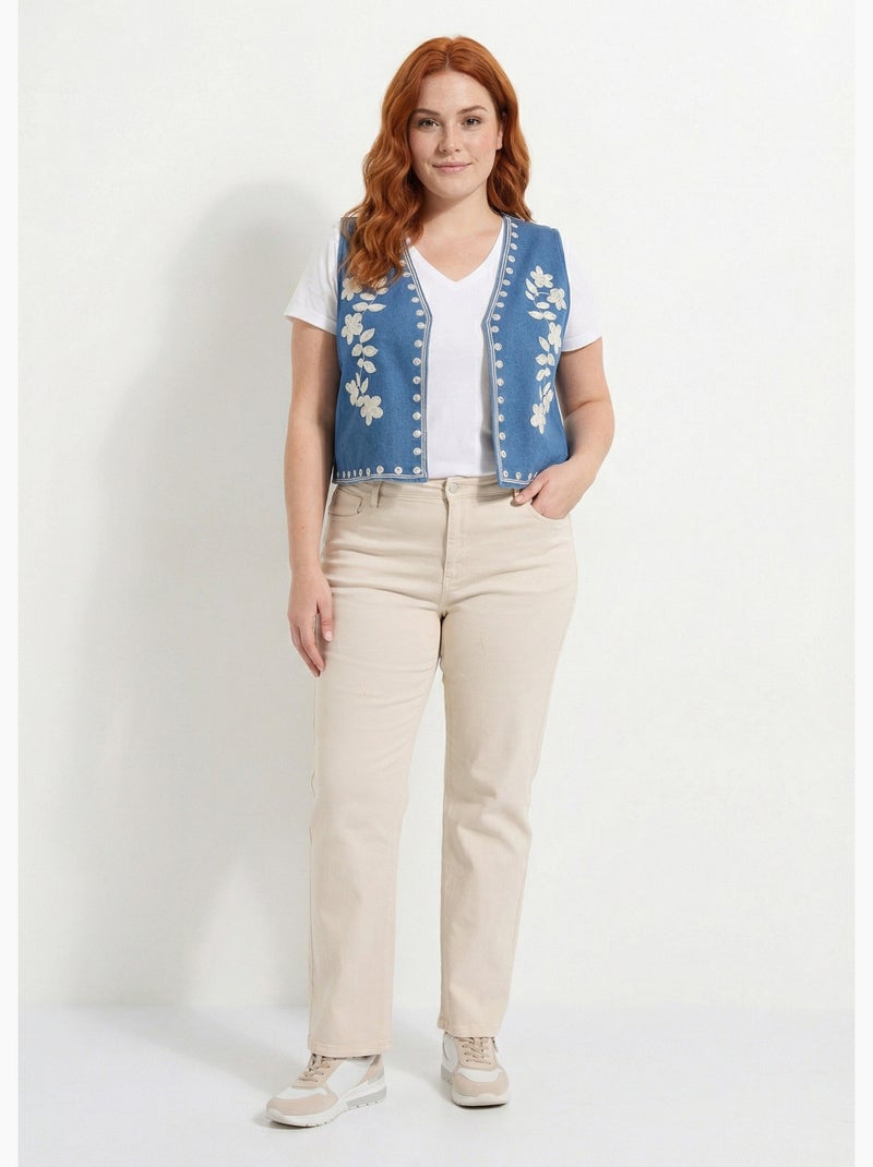 Gilet sans manches denim avec broderies - afibel Bleu denim - Kiabi