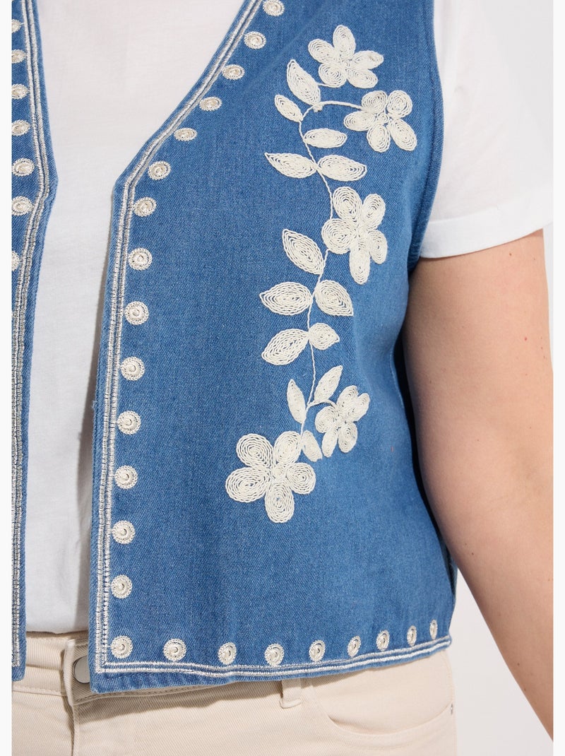 Gilet sans manches denim avec broderies - afibel Bleu denim - Kiabi